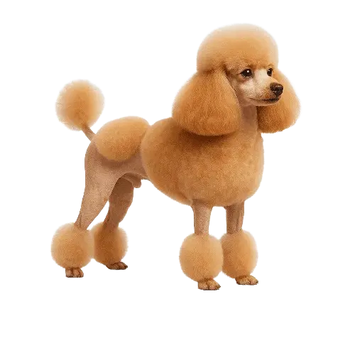 Red Toy Poodle in classic Continental Clip grooming