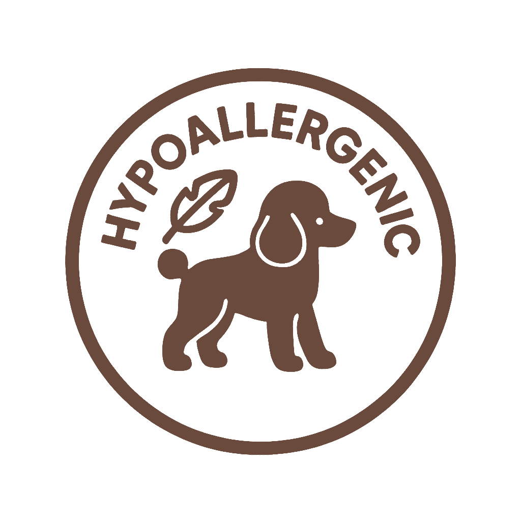 Hypoallergenes Symbol eines Hundes mit einem Blatt, bezeichnet ein freundliches Haustier für Menschen mit Allergien.