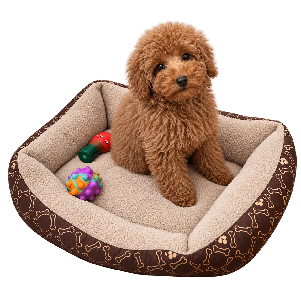Little Fibi as a puppy, sitting in her dog bed surrounded by toys, looking straight at the camera.