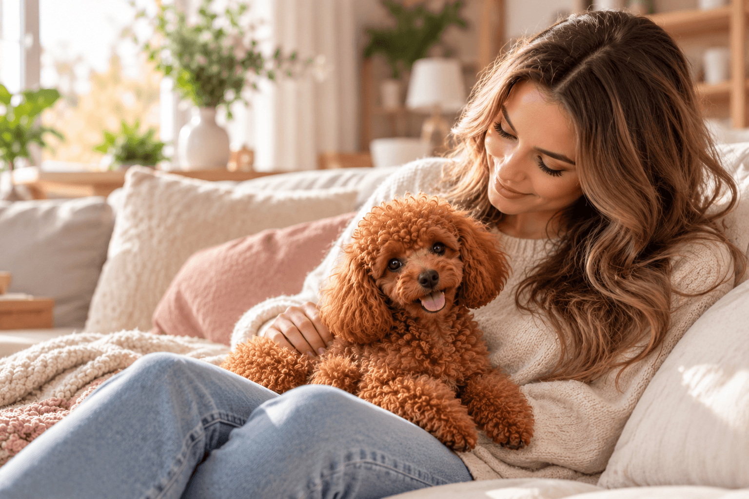 Gemütliches Kuscheln mit dem Pudel im Wohnzimmer