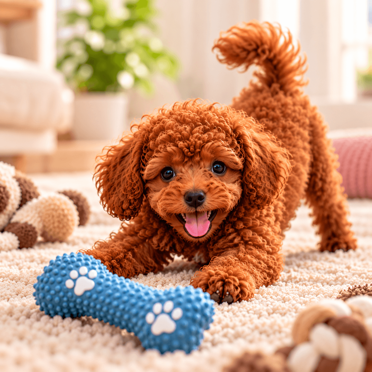 Playful red Toy Poodle puppy with a blue toy.