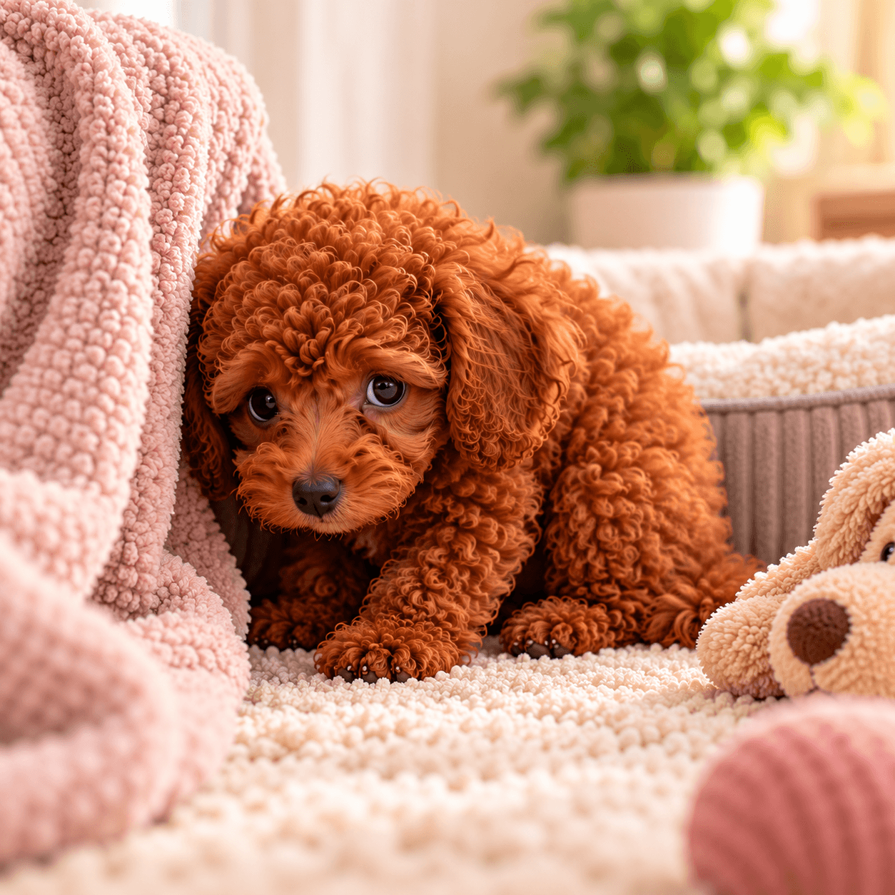 Shy red Toy Poodle puppy hiding beside a soft blanket.