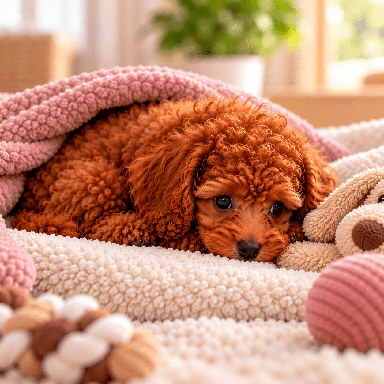 Red Toy Poodle puppy resting quietly among soft blankets and toys.