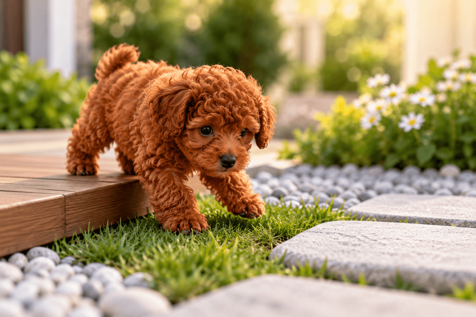 Red Toy Poodle puppy exploring grass, wood and stones.