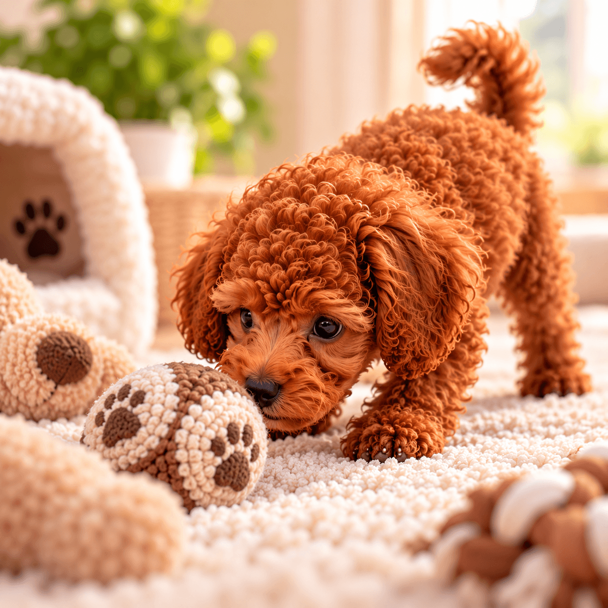 Curious red Toy Poodle puppy sniffing a toy.
