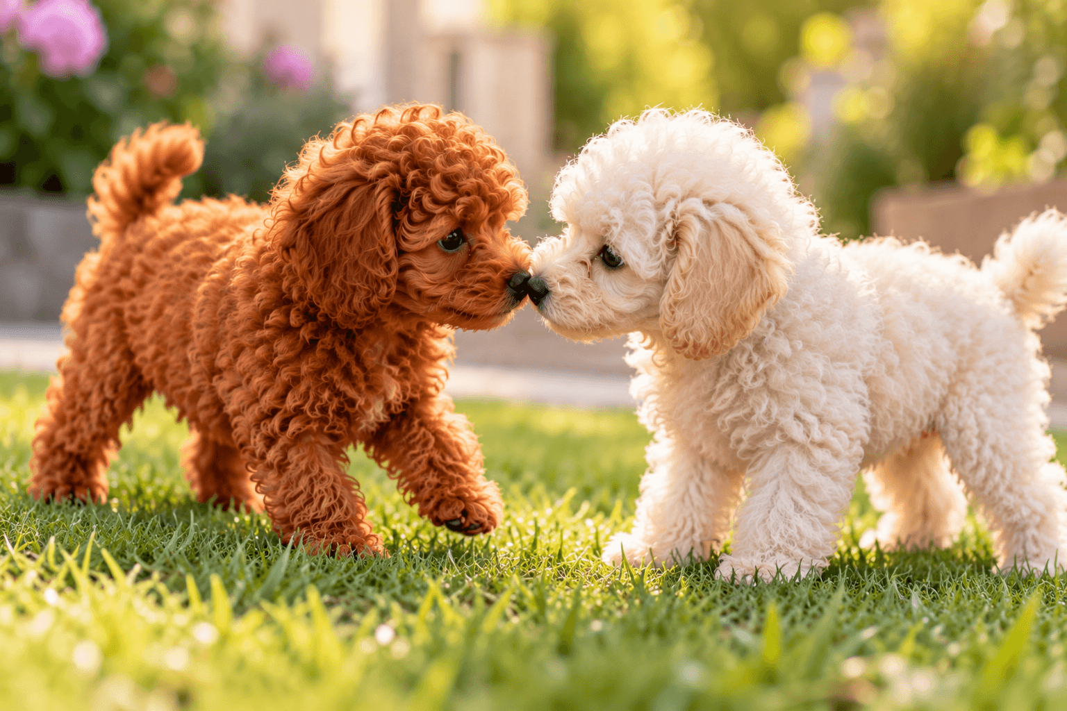 Red and white Toy Poodle puppies greeting each other.