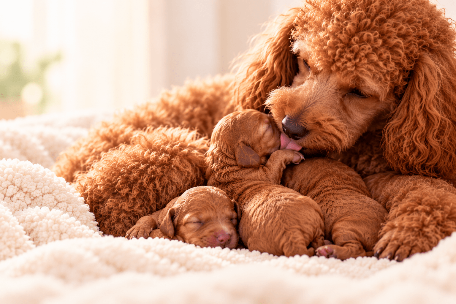 Tender Poodle Mother and Newborn Puppies