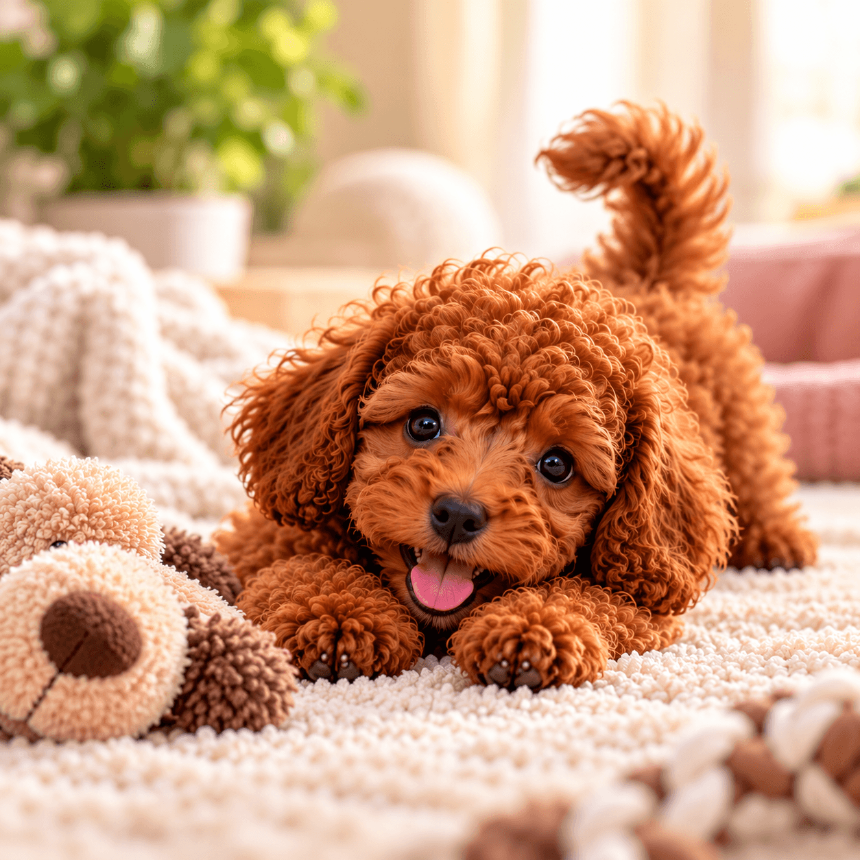 Happy red Toy Poodle puppy relaxing on a soft rug.