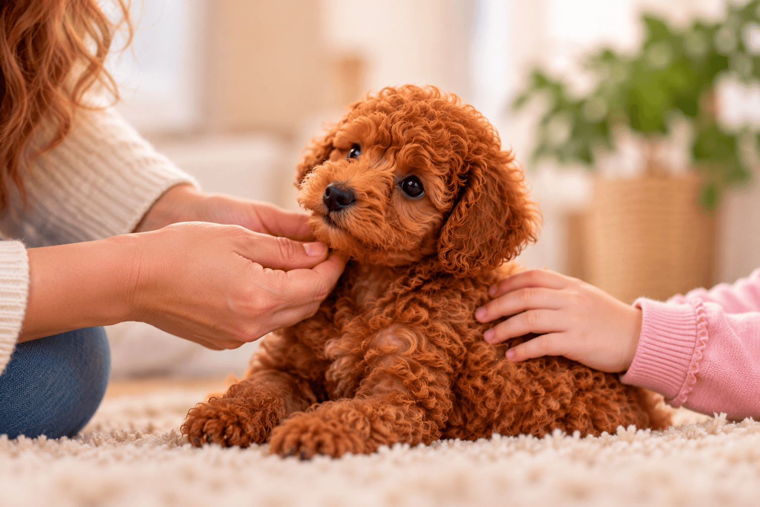 Red Toy Poodle puppy being gently petted.